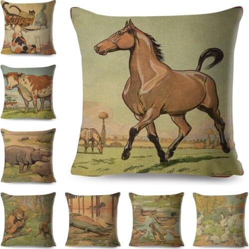 Vintage Style Farm Animal Cushion Cover for Kids Room Sofa Home Decor Cute Cartoon Horse Lion Pillow Case Polyester Pillowcase