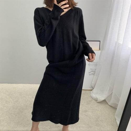 Women Pullovers Long Dress Women Sweater Dress Pull Femme Knitted Autumn Sweater Dress Loose Style V-Neck Long Sleeve
