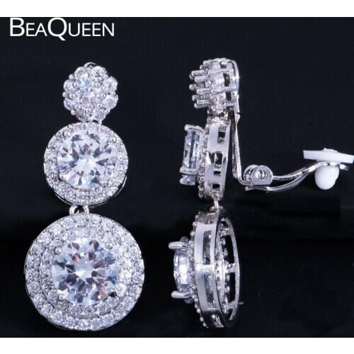 BeaQueen Newest Fashion Round Cubic Zirconia Stone Drop No Pierced Hole Ear Clip On Earrings Women Silver Color Jewelry E225
