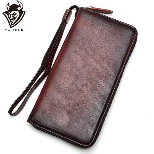TAUREN Genuine Leather Wristband Women Wallet Female Long Zipper Purse Large Capacity Coin Retro Phone Clutch