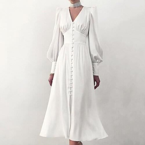 Women Satin Dress Sexy V Neck Midi Dresses Autumn Fashion Lantern Sleeve Long Dress Office High Waist Dress Robe for Dating 2021