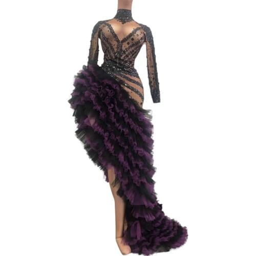 Sexy Long Sleeves Crystal Celebrate Dresses with Irregular Mesh Big Tail Women Prom Gowns Singer Stage Costumes Occasion Dress