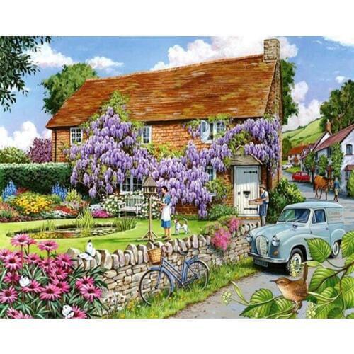 Scenic house car cross stitch Oil painting girl 11/ 14ct /16/28/27CT cloth cotton thread embroidery DIY handmade