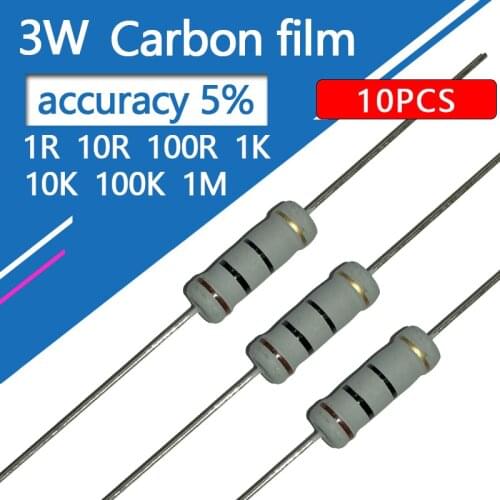 10pcs/lot 3W Carbon film resistor Four color circle 1R 1.2R 1.5R 1K 1K2 1K5 10 12 15 100 120 150 R K Ohm 3W resistance