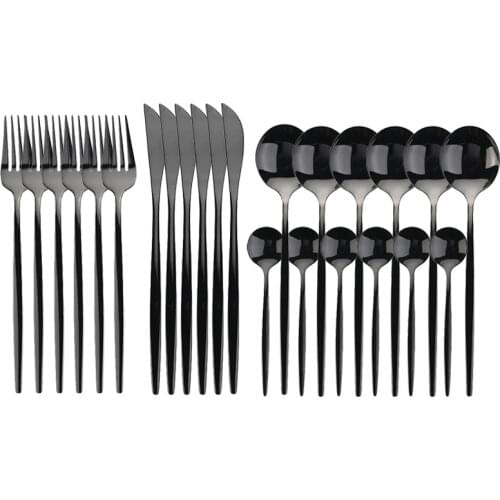 JANKNG 24Pcs Stainless Steel Cutlery Set Kitchen Knife Fork Spoon Set Luxury Dinnerware Set Dinner Wedding Mirror Black Cutlery