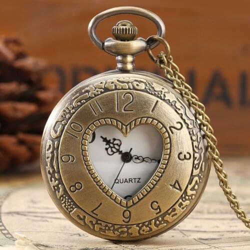 Hollow LOVE Heart Design Quartz Pocket Watch Digital White Dial Retro Arabic Numerals Necklace Pendant Clock For Women