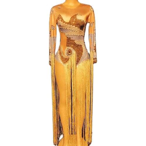 Long Tassel Sequins Rhinestones Bodysuit Shiny Costume For Women Long Sleeve Backless Nightclub Dance Show Wear Performance Suit