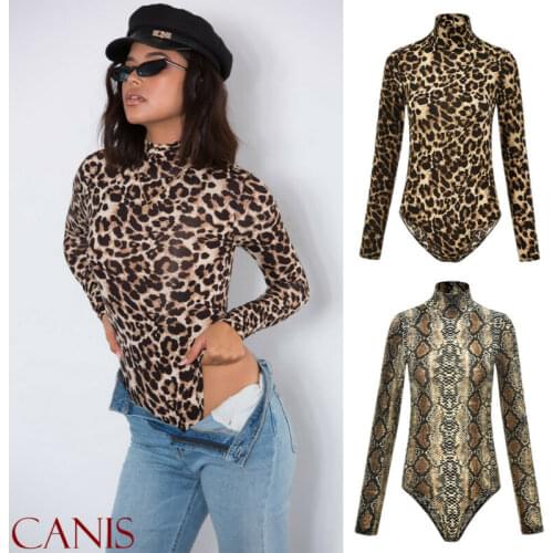 Women Slim V Neck Leotard Tops Fashion Slim Bodysuit Long Sleeve Leopard Print Bodysuit Turtleneck Casual Jumpsuit Bodysuit