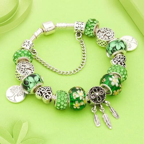 New Arrival Antique Tibetan Silver Dreamcatcher Charm Bracelet Green Tree of Life Bead Bracelets & Bangles with Flower as Xgift