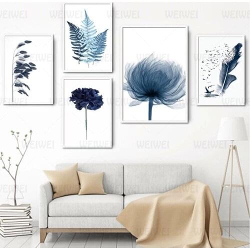 Watercolor Flowers Canvas Painting Blue Botanical Leaf Poster Wall Art Posters and Prints Minimalist Pictures Living Room Decor