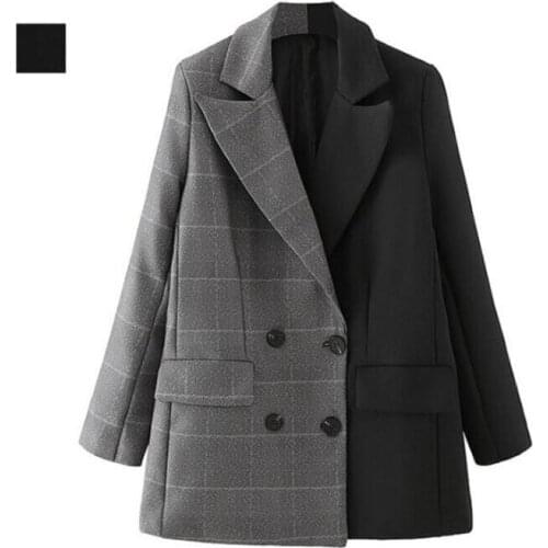 Spring Autumn Women Contrast Color Stitching Plaid Double-breasted Suit Jacket Blazer Feminina Loose Catwalk Trendy Coat Tops