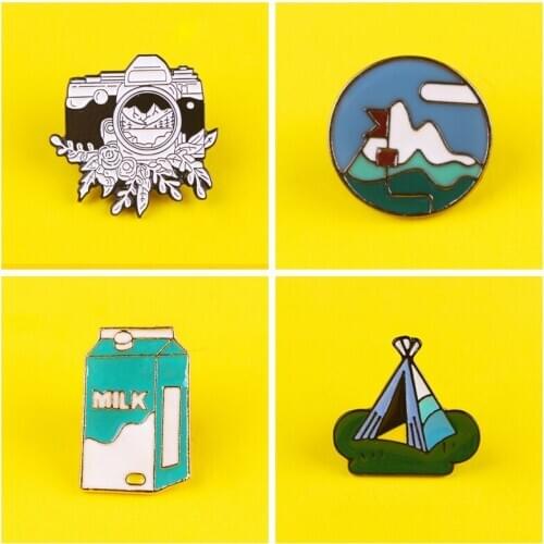 Camping Style Tent Scenery Metal Badges On Clothes Camera Enamel Pins For Backpacks Jeans Jacket Brooch Lapel Pin Bag Badge Gift