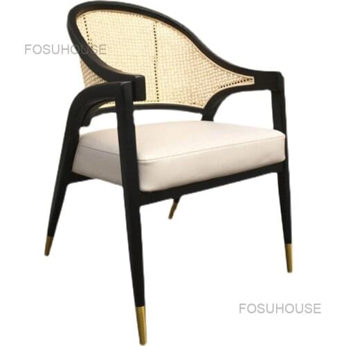 European Solid Wood Rattan Living Room Chairs Nordic Leisure Armchair Living Room Furniture Creative Backrest Sofa Dining Chair