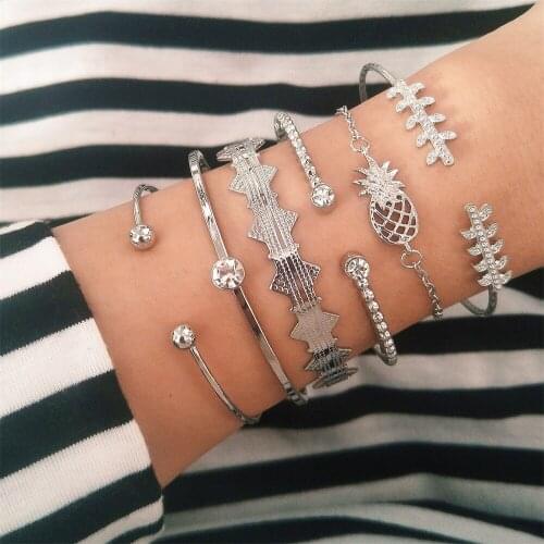 6 Pcs/Set Lady Bracelets Vintage Pineapple Leaves Round Crystal Silver Color Open Bracelet Set Fashion Party Jewelry Gift
