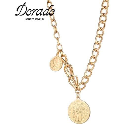 Dorado Sweater Link Punk Asymmetric Metal Chain Coin Round Pendant Necklace For Women Gold Color Party Jewelry Collier Statement