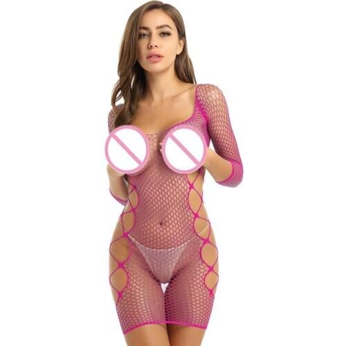 Sexy Sleepwear Women Fishnet Dress Lingeries Erotic Hollow Out Babydoll Off Shoulder Long Sleeves Bodystocking Dress Underwear