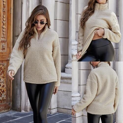 Womens Fuzzy Fleece Pullover Zip Up Fluffy Casual Sweatshirt Outwear Winter Warm Long Sleeve Stand Collar Cozy Coat Soft Tops