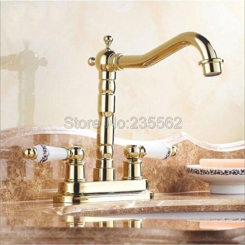 Luxury Gold Brass Swivel Spout Kitchen Bathroom Vessel Sink Two Holes Basin Swivel Faucet Dual Handles Water Tap Lnf428