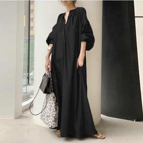 Spring Summer Dress Fashion Women Lantern Sleeve V Neck Shirt Dress Ladies Oversized Bag Swing Black Loose Casual Plain Pullover