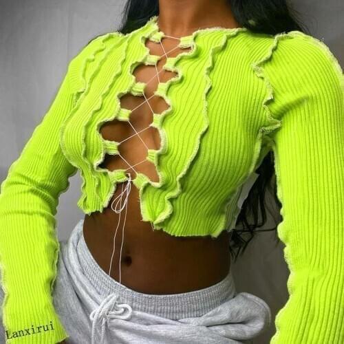 Patchwork Lace Up Long Sleeve Crop Tops Women Ribbed Sexy Party Knitwear T-Shirt Hollow Out Bodycon Club Tie Front Top