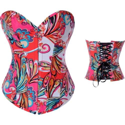 Womens Printed Denim Overbust Corset Vintage Sexy Steampunk Bustier Tops Fashion Corsets