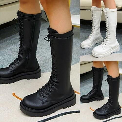 White Black PU Leather Long Boots Women Autumn Winter Fashion Round Toe Lace Up Platform Shoes Retro Combat Boots Botas De Mujer