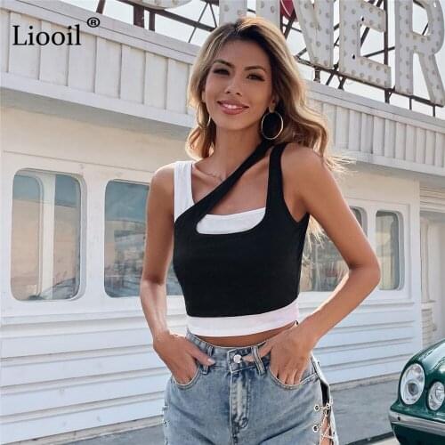 Liooil Bodycon Tank Top For Women Summer 2021 Sleeveless Hollow Out Asymmetrical Fake Two Pieces Sexy Black Crop Tops Streetwear