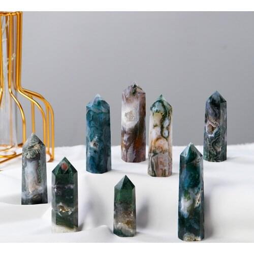1PC Natural Crystal Healing Stone Green Water Plant Agate Crystal Point Moss Agate Crystal Hexagonal Column Ornaments