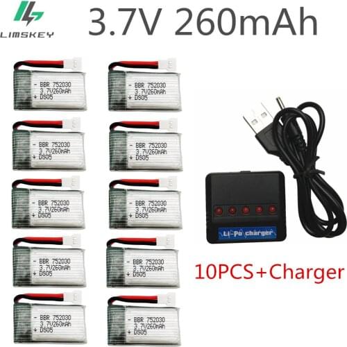 10pcs 3.7V 260mAh Lipo Battery for H8 H48 H8 Mini RC Quadcopter drone parts with 5in1 Charger