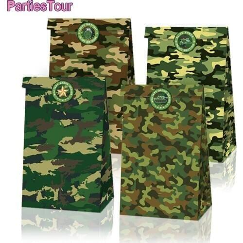 12pcs Camouflage Candy Bags With Stickers Military Theme Party Decor Gift Box Packing Bag Baby Shower Wedding Party Gift Decor