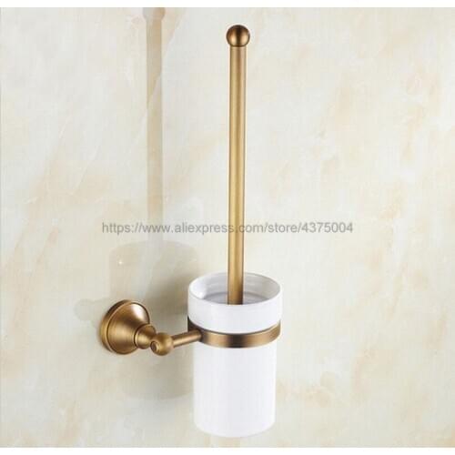 Antique Brass Wall Mounted Toilet Brush Holder Bathroom Accessories Set Bath Products Ceramic Cup with Cleaning Brusher Nba149