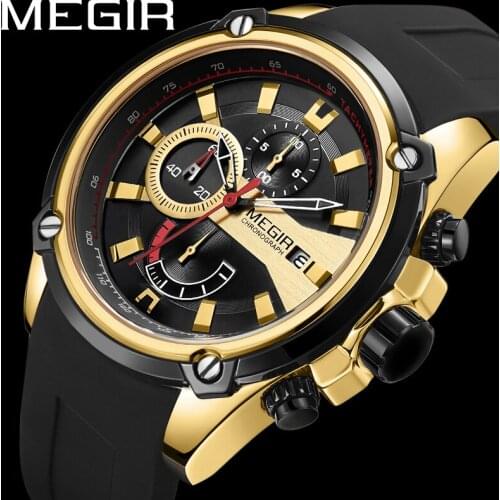MEGIR Men Watch Top Brand Luxury Calendar Chronograph Waterproof Sport Male Clock Gold Rubber Military Man Wristwatch Gift 2086