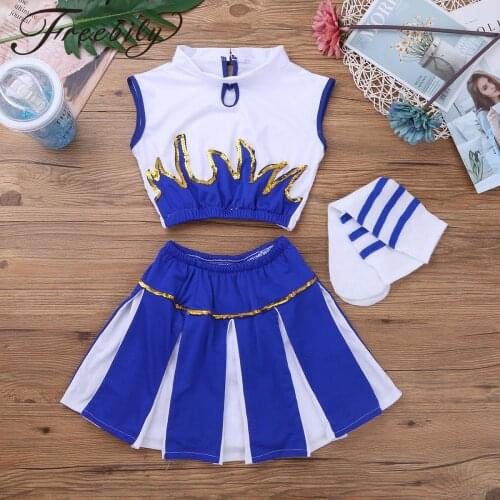 Children Kids Girls Cheerleader Costume School Girls Cheer Costume Outfit for Carnival Party Halloween Cosplay Dress Up Clothes