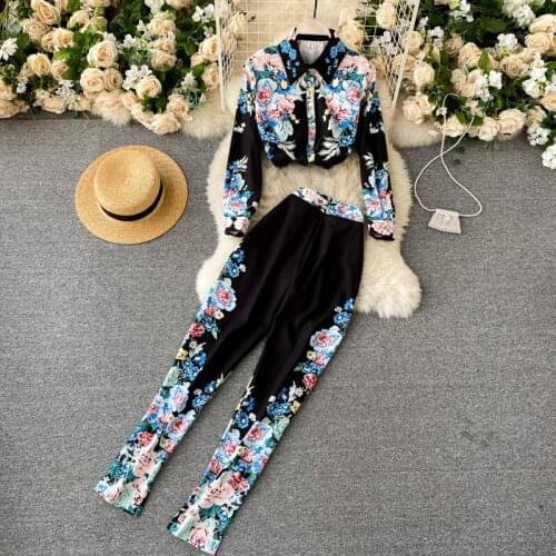 Elegant OL Flower Printing Trousers Set Women Lapel Long-sleeved Hit color Shirt Blouse female + Pencil Pants Two-piece Female
