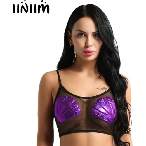 Iiniim Womens Femme Sexy See-through Crop Top Camisoles Straps Sheer Mesh Mermaid Sea Shell Vest Night Clubwear Crop Tank Top
