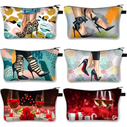 Fashion High Heel Print Cosmetic Case Women Toiletry Bag Ladies Makeup Bag Girls Lipstick Storage Bags Small Clutch Zipper Pouch