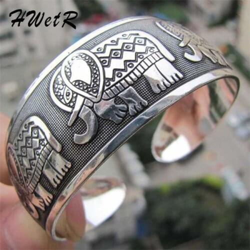 1Pc Cool Vintage Boho Style Elephant Tibetan Tibet Silver Plated Totem Bracelets Elegant Round Metal Cuff Bangles Women Jewelry
