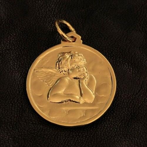 LINSION Gold Plated 2 Sides Brass Cute Angel Round Pendant Charms Jewelry GP165 JP