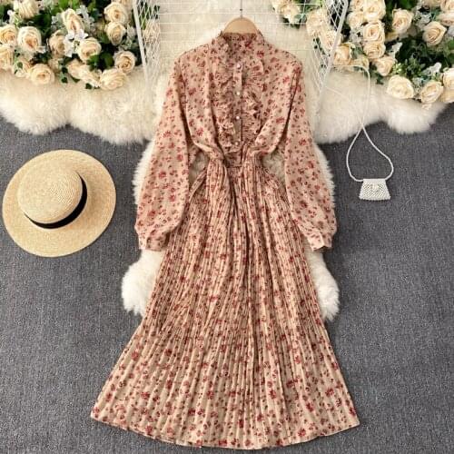 Fashion Korean Spring Autumn Sweet Girl Floral wood ear collar pleated ruffled slim fength Dress For Women