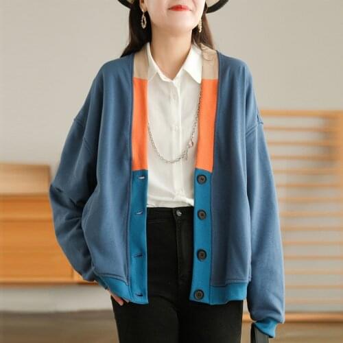 Fashion Women Contrast Color Patchwork Cotton Coats V-Neck Outwear Loose Clothing 2021 Autumn New Baseball Style Casual Jackets