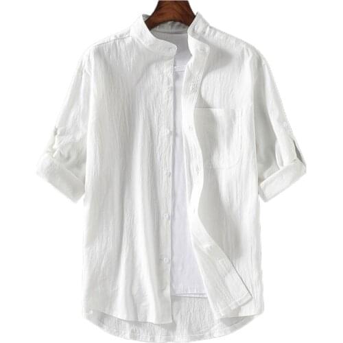 Solid Shirt Mens Stand Collar Casual Half Sleeve Casual Shirts Men Linen Camisa Oversized Breathable Chinese Style Chemise Homme