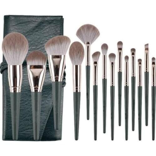10Set/Lot 14Pcs/Set Green PU Bag Makeup Brush Set Soft Hair Wooden Handle Beginner Eye Shadow Portable Cosmetic Tools HA2434