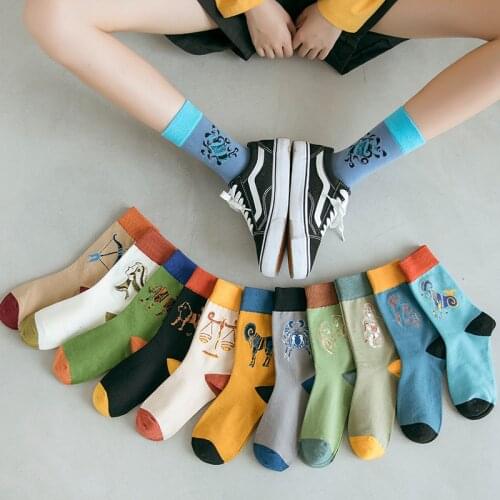 Unisex 12 Constellation Painting Style Crew Socks Women Streetwear Skateboard Sport Cycling Designer Socks Cotton Size 36-43