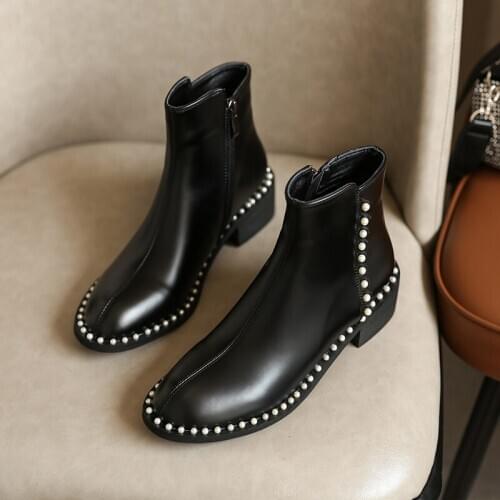 Autumn/winter collection Genuine leather beads Women boots ankle Short boots Side zipper Female boots Women shoes cowhide