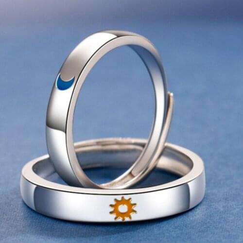 2 Pieces Sun and Moon Couple Rings Copper Polish Lovers Adjustable Ring for Valentines Day Girlfriend and Boyfriend