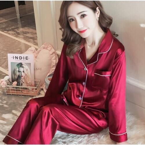 2020 New Arrival Hot 2 Pieces Faux Silk Satin Pajamas Set Autumn Women Sleepwear Long Sleeve Pajamas for women Ladies Pyjamas