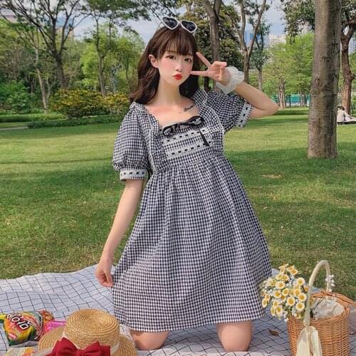 Japanese Lolita Summer Dress Women Kawaii Bow Square Collar Short Puff Sleeve Plaid Dress Vintage Sweet Girl Ruffles Loose Dress