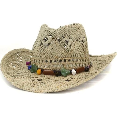 Casual Cowboy Hat Summer Straw Womens Hats Handmade Sun Caps for Men Cowgirl False Gem Decoration Casual Beach Cap