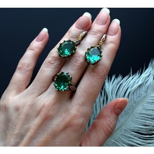 Beautiful Christmas Gift DK Green Earrings Ring Jewellery Setting Big Oval Stone Statement 2pcs Jewelry Sets