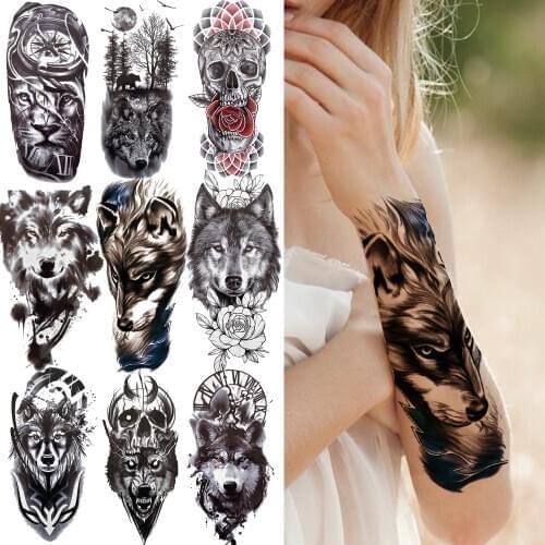 Realistic Fake Wolf Temporary Tattoo For Women Men Adult Black Forest Tattoos Sticker Compass Lion Skeleton Tribal Tatoo Paper